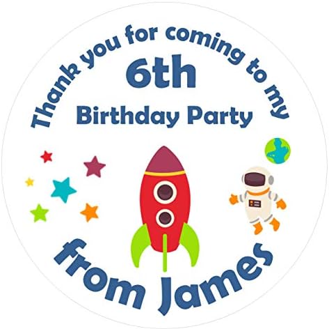 Space Rocket Ship Boy's Personalised Birthday Party Stickers - Gift Tags/Labels for Party Bags or Sweet Cones (12 Stickers x 64mm)