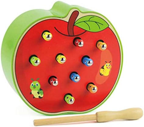 Teydhao Lacing Game Puzzles Magic Cubes Fruit Shape Wooden Catch Colorful Worms Game Magnetic Stick Interactive Kids Toy Fruit Shape Kids Educational Catch Worms Game with Magnetic Stick Size Apple