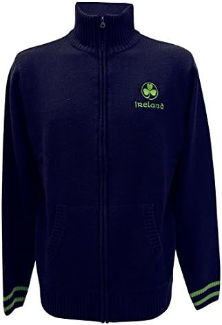 Ireland Half Neck Zip Up Sweater with Embroidered Green Shamrock Navy Large