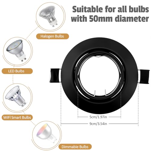 LteelDay Round Recessed Spotlight Frame, Black Metallic Porthole GU10 with 30° Swivel, Ø68-80 mm Cut, Includes GU10 Socket for LED or Halogen Lamps, Pack of 20