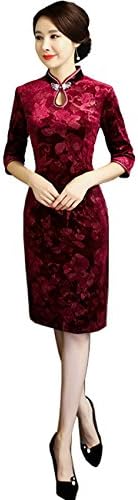Femirah Women's Chinese Qipao Cheongsam Dress Velvet Evening Party Gown