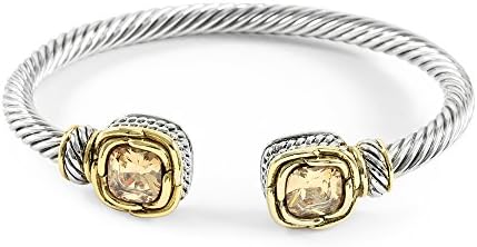 Glamouresq Two-Tone High End Rhodium Plated Cubic Zirconia CZ Women's Cuff Cable Bangle Bracelet