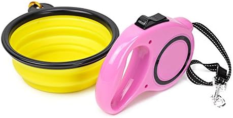 Imesun Pink Dog Retractable Leash and Collapsible Yellow Travel Dog Bowl Food Water Feeding Feeder with Free Carabiner for Small Medium Large Pet Puppy Cat (2 Pack) (Yellow Bowl + Pink Leash)