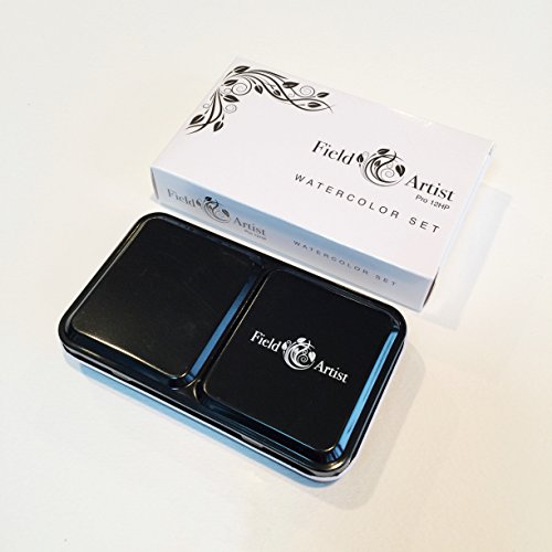 Field-Artist-Pro-12HP-Complete-TRAVEL-WATERCOLOR-SET-includes-12-Brilliant-Half-Pan-Colors-2-Custom-Brushes-a-Genuine-Sea-Sponge-a-Classic-Metal-Field-Box-all-fits-in-your-Pocket