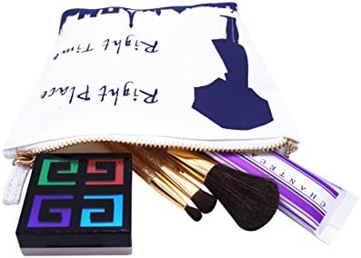 AvecToi "Right Place Right Time" Small Canvas Cosmetic Bag Day Clutch Coin Purse Travel Zipper Pouch Case (White)