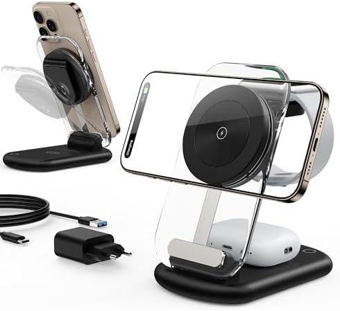 Induktive Ladestation, 3 in 1 Mag Safe Ladestation Kompatibel mit iPhone 17 16 15 14 13 12 Pro Max/Air/Plus/Pro, für Apple Watch10/9,Airpods 3/2/Pro, Faltbar,Carbon Schwarz