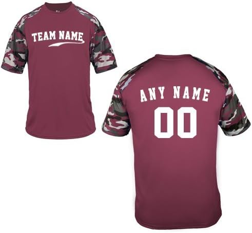 Camo Sleeve Jersey Blank or CUSTOM (Team Name Front, Name/# on Back) Wicking Uniform Shirt (13 Youth/Adult Sizes, 18 Colors)