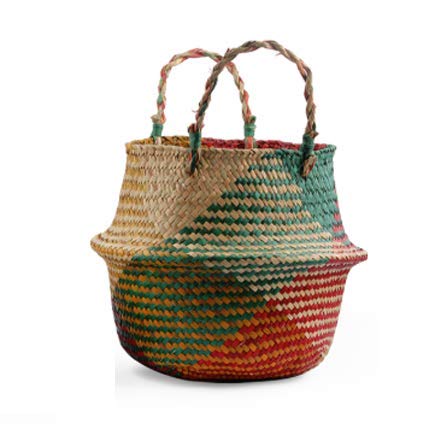 Natural Seagrass Basket - GOODCHANCEUK Belly Basket Handmade Planter Seagrass Seagrass Basket With Handle Laundry Toys Basket Red&Green Style#1 27CMx24CM โ image 1