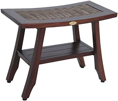 EcoDecors™ Satori™ 24" Eastern Style Teak Shower Bench with Viro Indoor/Outdoor Rattan Top and shelff