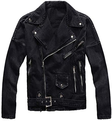 Men's Denim Biker Jacket，Vintage Black Gray Spliced Ripped Hip