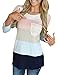 Womens Crew Neck 3/4 Sleeve Striped Pattern Casual Shirts Patchwork Tunic Tops With Lace Pockets (L=US 12-14, Pink)