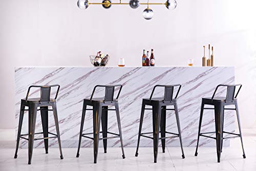 HAOBO Home Distressed Golden Bar Stools Industrial Metal Barstools Counter Height Stools Dining Chair Set of 4 (Low Back Distressed Golden Black with Wood, 26") - Thumbnail 2