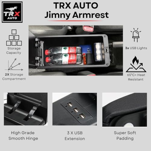 TRX AUTO Paded Armrest Storage Box With Double Layer Organizer For Suzuki Jimny 5 door 2024 2023 2022 2021 | For JB64 JB74 Suzuki Jimny Accessories | (With Center Switches)