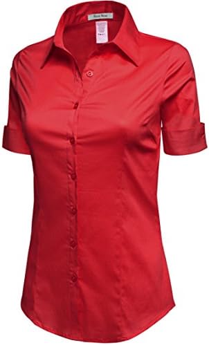 REVENINE Women's Basic Collar Button Down Shirt Sleeve T-Shirts (Plus Size Available) PXL Red