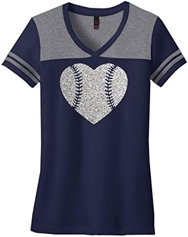 Baseball Laces Silver Glitter Heart Varsity V-Neck T-Shirt XL Navy