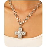 Hanfluenve Chunky Gold Necklaces for Women Statement Cross Pendant Necklace Vintage Bold Layered Look Chain with Secure Toggle Clasp Chunky Jewelry Gift Idea