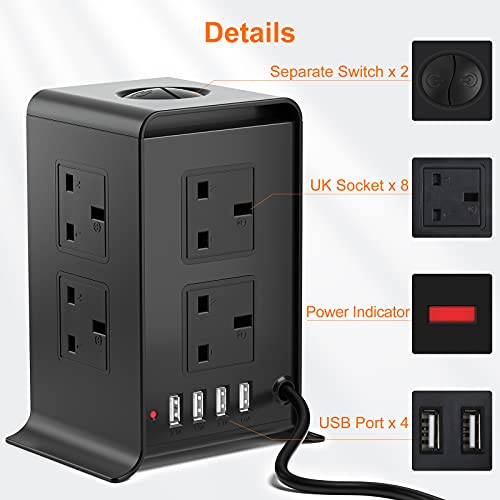 bedee Tower Power Strip Extension Cord, 8 Way Outlets 4 USB Ports Tower Extension Lead with Surge Protection Overload Protection