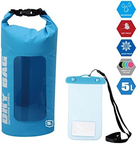 Inddy 5L Waterproof Blue Transparent Dry Bag Sack with Phone Dry Bag Roll Top Dry Compression and Long Adjustable Shoulder Strap for Kayaking Boating Fishing Swimming Camping Snowboarding
