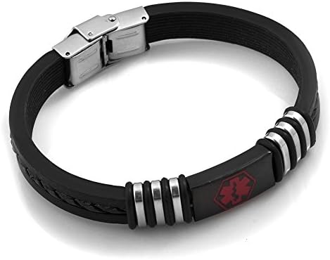 LuckyJewelrys Black Leather Medical ID Alerts Emergency Bracelets Allergic to Penicillin Stainless Steel