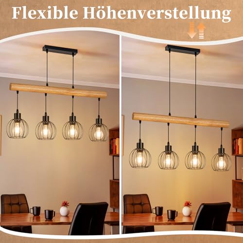 ZMH Vintage Hanging Lamp Wood 4 Bulbs - Pendant Light Dining Table in Industrial Design Black Retro Pendant Light Dining Table Lamp Height Adjustable for Dining Room Kitchen Living Room Bar (Light