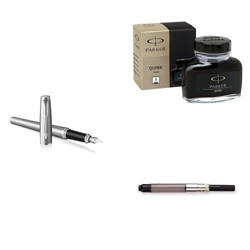 PARKER Urban Fountain Pen Set, Metro Metallic, Medium Nib with Black Ink Bottle & Twist Converter