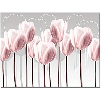 Visual Art Decor Pink Grey and White Abstract Floral Canvas Wall Art Pictures Beautiful Tulip Flowers Painting Printed on Canvas for Living Room Office Wall Decoration Ready to Hang