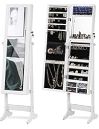 LUXFURNI LED Light Jewelry Cabinet Standing Mirror Makeup Lockable Armoire, Large Storage Organizer w/Drawers