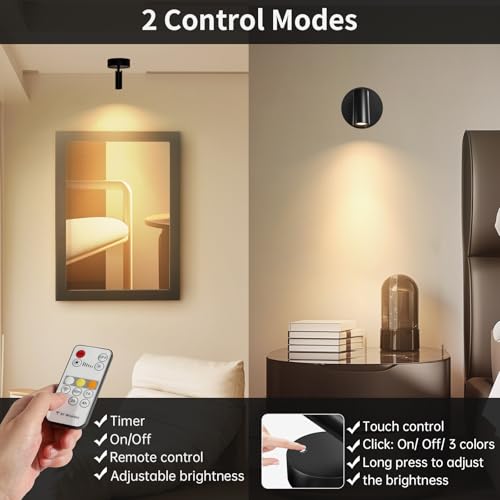 TaoFiaCo Rechargeable LED Wall Spotlights for Indoor Black 2 Pieces – USB Wall Light with Remote Control 3 Colours – Wireless LED Spotlight for Lighting Paintings Plants Bedroom
