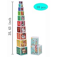 CRUISTORE Cardboard Nesting and Stacking Blocks Set | 10 Pcs of Blocks with Animal、Plant、Numbers、Letters | Development Stacking Games for Kids Toddlers