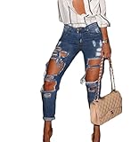 Popbop Women's Skinny Faded Ripped Casual Slim Denim Cotton Jeans