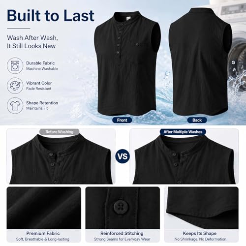 ATRACTIVOLL Camiseta Tirantes Hombre Camisa de Lino Hawaianas Playa Camiseta sin Mangas Henley Transpirable Camiseta Básica Tank Top Tiempo Libre Deporte Chalecos con Bolsillo Gym Gimnasio Fitness