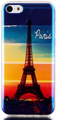 IKASEFU Silicone Case for iPhone 5C,Special[Blue Light]Retro Tower Soft Slim Scratche-Resistant Rubber Gel Case Cover for iPhone 5C-Tower