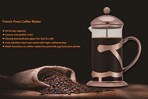 SmartHom French Press Coffee Maker 34 Oz 8 Cups, Particular Coffee Press & Tea Maker with Triple Filters & Plated Stainless Steel Base & Durable Heat Resistant Glass - Thumbnail 3