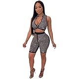 Women Sequin Two Piece Outfit - Sexy Crop Top + Shorts Zip Front Tank Sexy Club Set