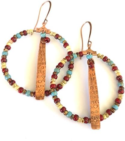 Boho Beaded Hoop Earrings in Red, Turquoise, White and Brown with Textured Copper Drops by BANDANA GIRL Gypsy Bohemian