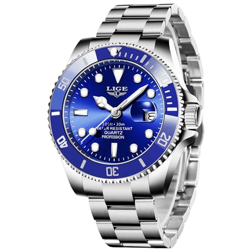 Lige Uhren Herren Blau, Herrenuhr Analoger Quarz Edelstähle, 3Atm Wasserdicht（30M）, Kalenderfunktion Leuchtzeiger, Armbanduhr Herren Business Erholung