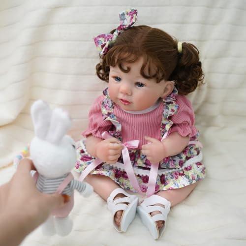 Boneca Bebê Reborn Realista Silicone 48cm Presentes para Meninas | Cabelo Implantado Olhos Azuis Vestido Rosa com Chupeta Magnética