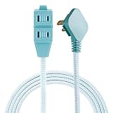 Cordinate, Mint/White, Designer 3 Extension, 2 Prong Power Strip, Extra Long 8 Ft Cable with Flat Plug, Braided Chevron Fabric Cord, Slide-to-Lock Safety Outlets, 39983