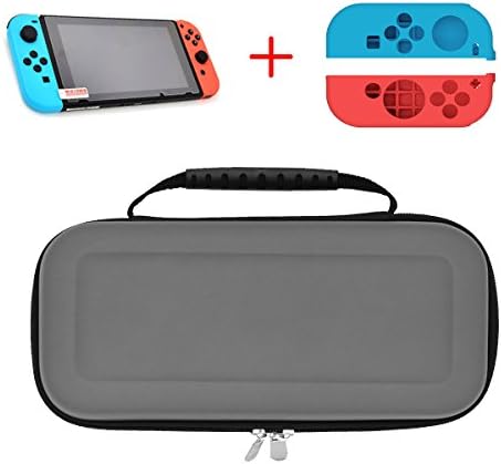 HuonGoo Carrying Case for Nintendo Switch Protective Storage Bag + high-definition Glass Screen Protector for Switch 2017 +2 Piece Soft Anti-slip Silicone Protective Cover. (Dark Gray)