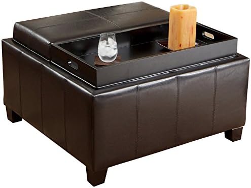 Mansfield Leather Espresso Tray Top Storage Ottoman Two Flip-Over Lids As Serving Trays