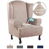 H.VERSAILTEX 1 Piece Sofa Cover Luxurious Suede Fabric Super Stretch Stylish Furniture Slipcover Velvet Plush Wing Back Armchair Slipcover Skid Resistance Water Repellent（Wing Chair，Sand）