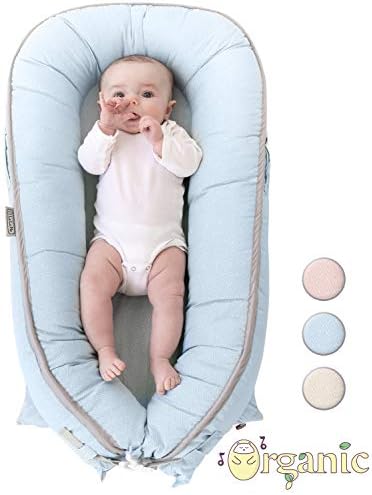 Organic Newborn Lounger | Water-Resistant Baby Nest | Portable Bed for Infants & Toddlers 0-12 Month | for Girls and Boys | Use as Bassinet, Play Pillow, Mobile Crib (Blue)