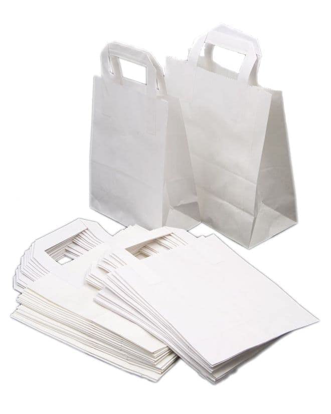 50 Medium White SOS Paper Carrier Bags with Handles | Recyclable Kraft Paper | Home Kitchen Takeaways School | H25 × W22 × D11cm