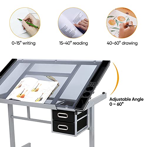 ZENY Adjustable Drafting Table, Glass Art Table Artist Drawing Desk