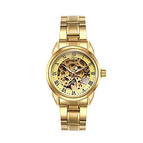 ELEOPTION Classic Men's Wrist Hollow Skeleton Mechanical Watch Leather Strap With Hollow Engraving Stainless Steel Band (#G8099 Gold) (Gold)