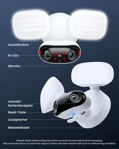 Reolink 16MP PoE Überwachungskamera Außen mit 180° Dual-Objektiv, 2800 Lumen Beleuchtung, Vollfarb- & IR- Nachtsicht, Smart-Erkennung, 24/7 Aufzeichnung mit Bewegungsspur, Elite Pro Floodlight PoE 10