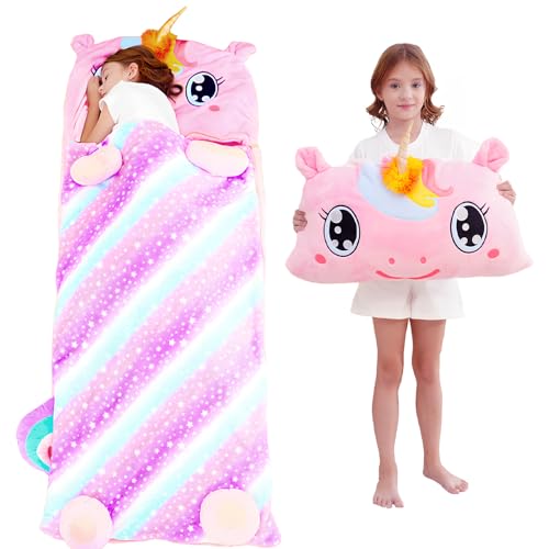 Kid Sleeping Bag with Pillow - Larger Nap Mat - Plush Slumber Bag for Boys Girls Daycare Preschool Kindergarten Birthday Gift Travel Sleepover Ages 3-12 Years