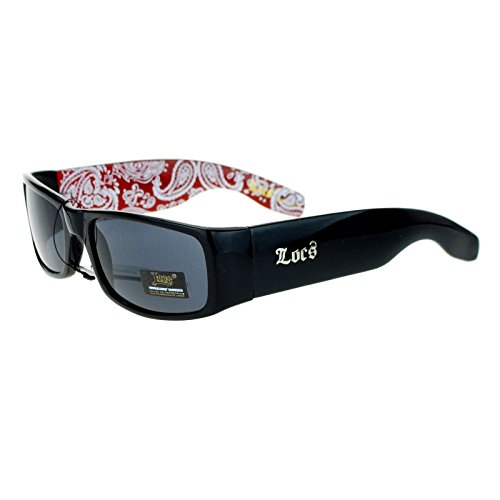 Locs Sunglasses Mens Black Rectangular Frame Paisley Bandanna Print Red
