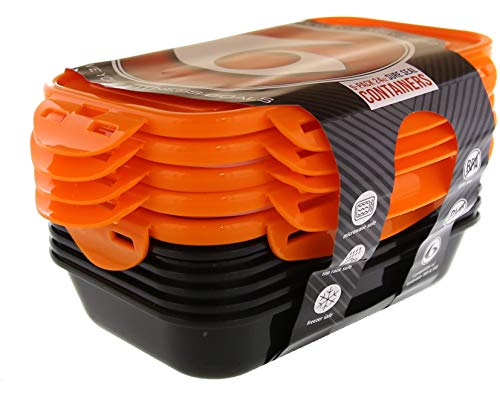 6 Pack Fitness Sure Seal Containers 24oz Black/Neon Orange Set of 5