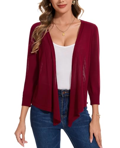 Tie Front Shrug for Women 3/4 Sleeve Knotted Cropped Cardigan,Wine Red,S at Amazon